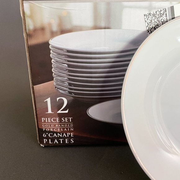 Set of 12 Beekman Home  6" Gold Banded Porcelain Canape Plates NIB - Picture 2 of 5